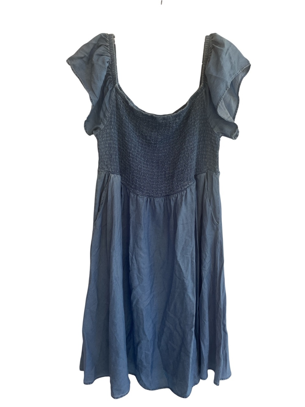 Torrid Blue Chambray Off Shoulder Smocked Dress Size 1 Lyocell Pocket - Picture 2 of 7